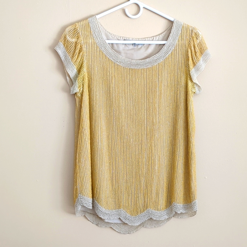 XS Dallin Chase Yellow Heavily Beaded Top Scalloped Maximalist